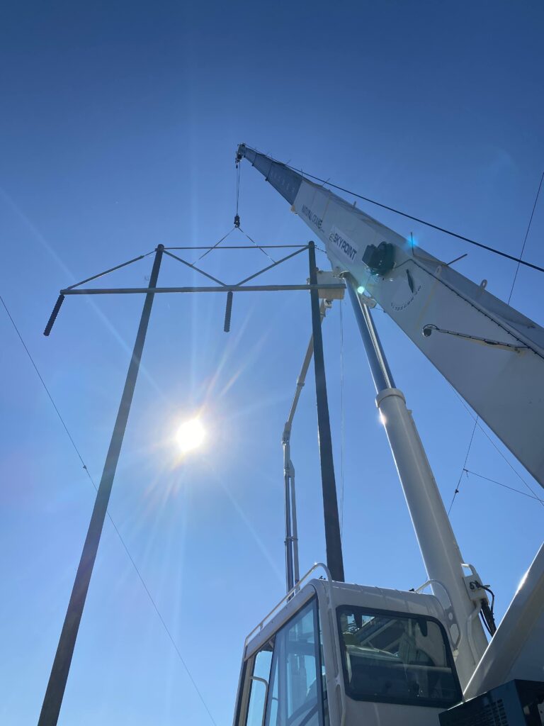 Sky Point Crane boom truck working at a high voltage transmission line along Route 28 in Armstrong County