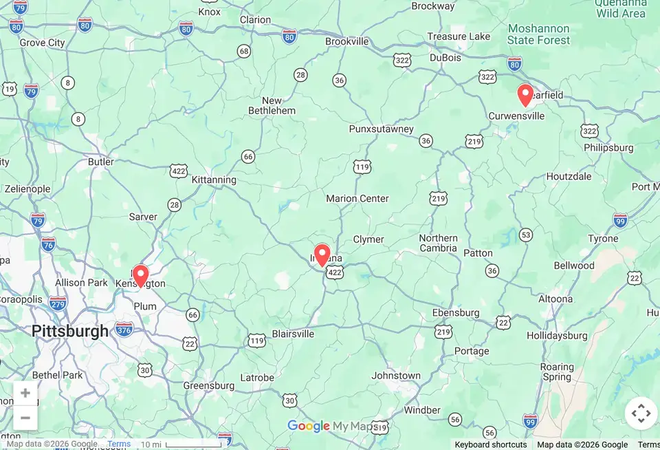 Map of Sky Point Crane service locations in Western and Central Pennsylvania